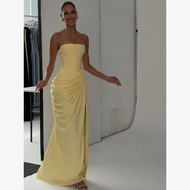 Elegant Yellow Strapless Pleated Dress Women Chic Sleeveless Waist Cinching Split Maxi Gowns 2026 Summer Lady Evening Party Robe
