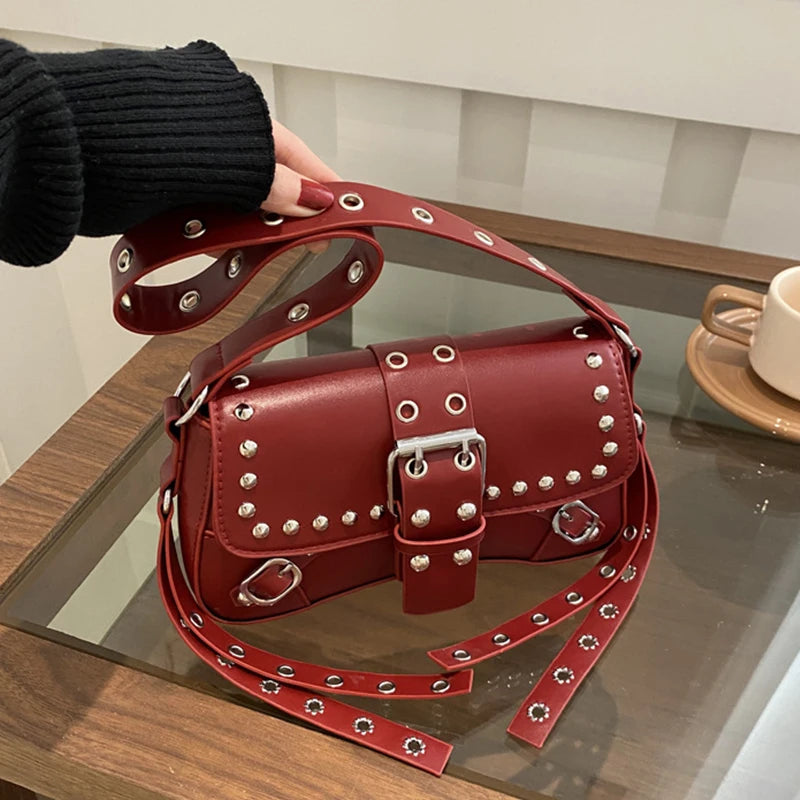 Shoulder Bag for Women Pink Underarm Bags PU Leather Crescent Bags with Rivet Small Y2k Purses Trendy Armpit Purse