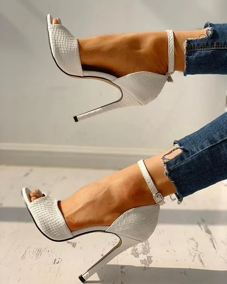 Dress Wedding Shoes Women Ankle Strap Peep Toe High Heel Sandals Sexy White Super High Heels Buckle Snake Pattern Woman Pumps