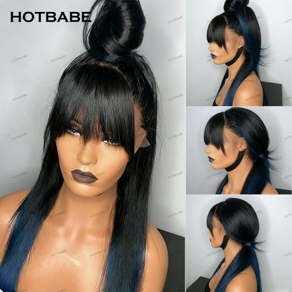 13x6 HD Lace Front Wig With Bangs Preplucked for Women Glueless Wigs Human Hair Natural Black Straight 360 HD Lace Frontal Wigs