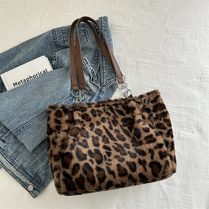 New Leopard Print Fur Bags Women Fashion Portable Faux Fur Handbags Winter Soft Warm Bag Girls Fluffy Large Capacity Tote Purse