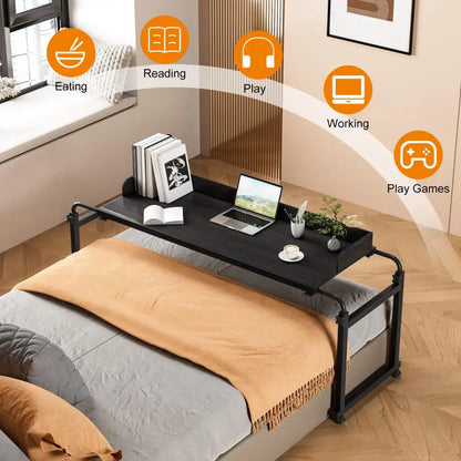 120x40CM Height Adjustable Overbed Table with Wheels, Rolling Over-the-Bed Laptop Desk with Raised Baffle, Home Office Bedroom H