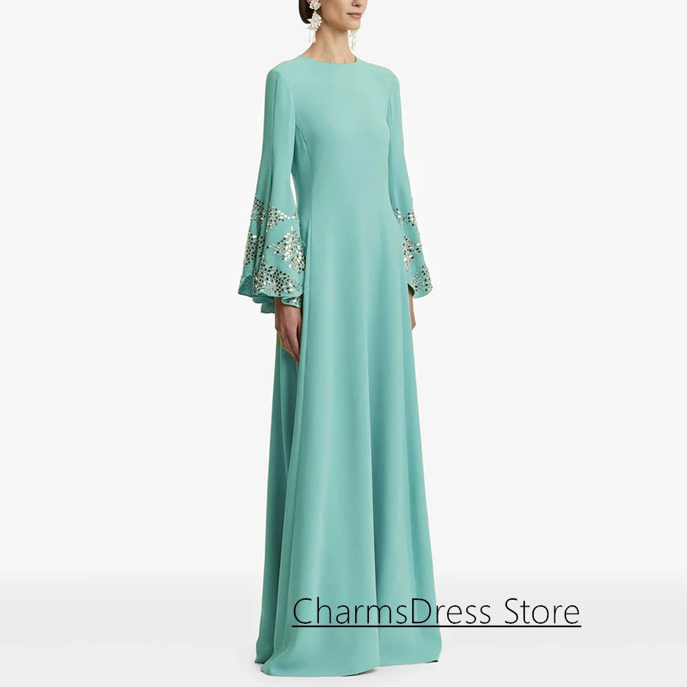 2026 Evening Dress فساتين سهرة Customized Batwing Sleeves Round Neck Crystal Stones A Line Saudi Arabian Prom Gown