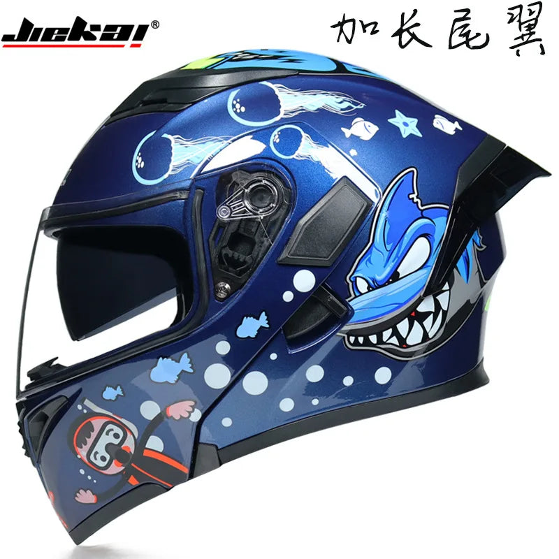 JIEKAI Motorcycle Flip Up Helmet Personality Horn Tail Motorbike Motocross Shark Moto Helmet Technology Design Full Face Casco