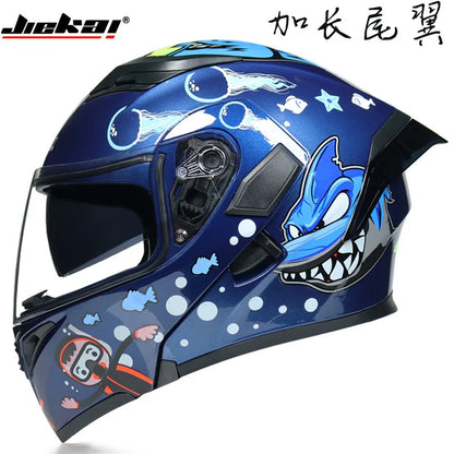 JIEKAI Motorcycle Flip Up Helmet Personality Horn Tail Motorbike Motocross Shark Moto Helmet Technology Design Full Face Casco