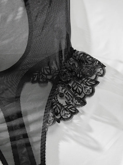 New Sexy Bodysuits Ruffled Edges Patchwork Mesh Sexy Perspective Backless Deep V Suspenders Sleeveless Bodysuits Charming 5ZAL