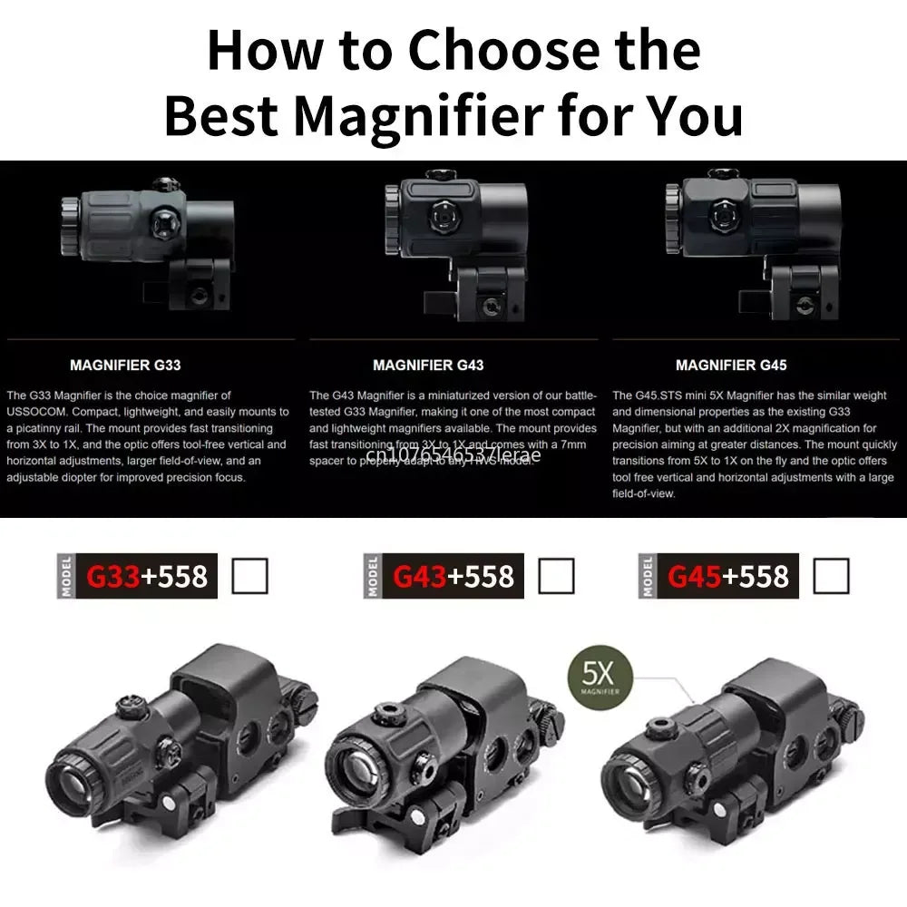 Hot Sale 558 Holographic Collimator Red Dot Sight G43/G33 3X G45 5X Magnifier Airsoft Hunting Gear W/20mm Rail Mounts & QD Lever