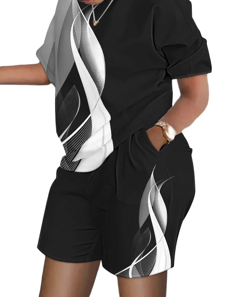 Ladies Casual Summer Two Piece Sets Printed Shorts Sets Women Round Neck Short Sleeve T Shirts Pullover High Waist Trousers Suit