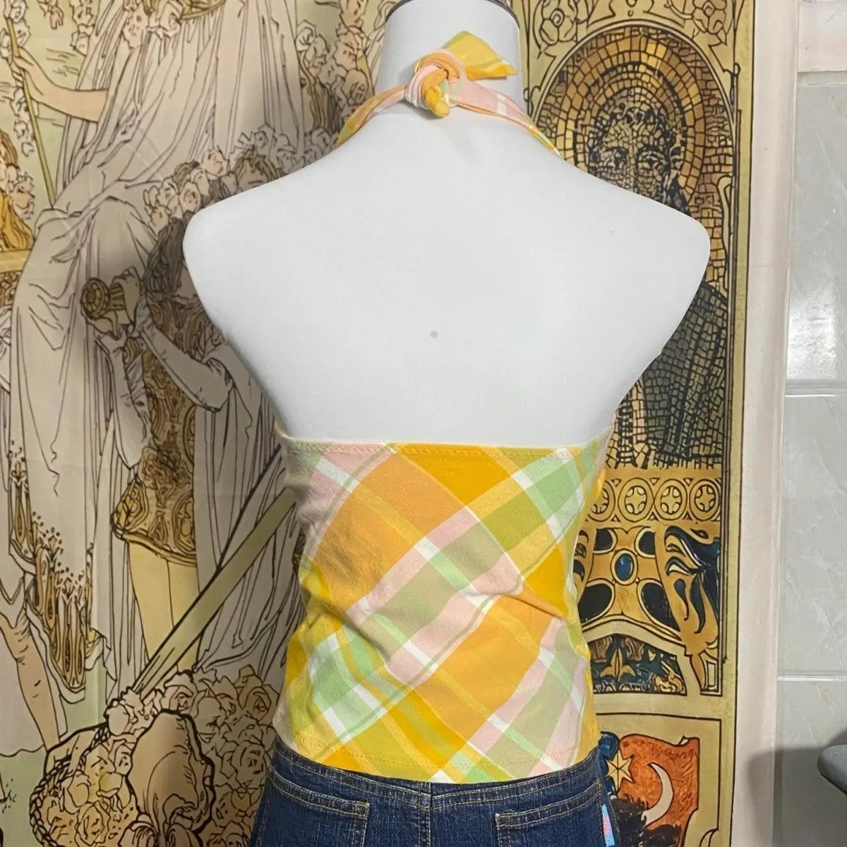 Japanese Vintage Plaid Halter Vest Women Sexy Backless Sleeveless Slim Fit Crop Tanks Top Outerwear Y2k Spicy Girl Camisole Vest
