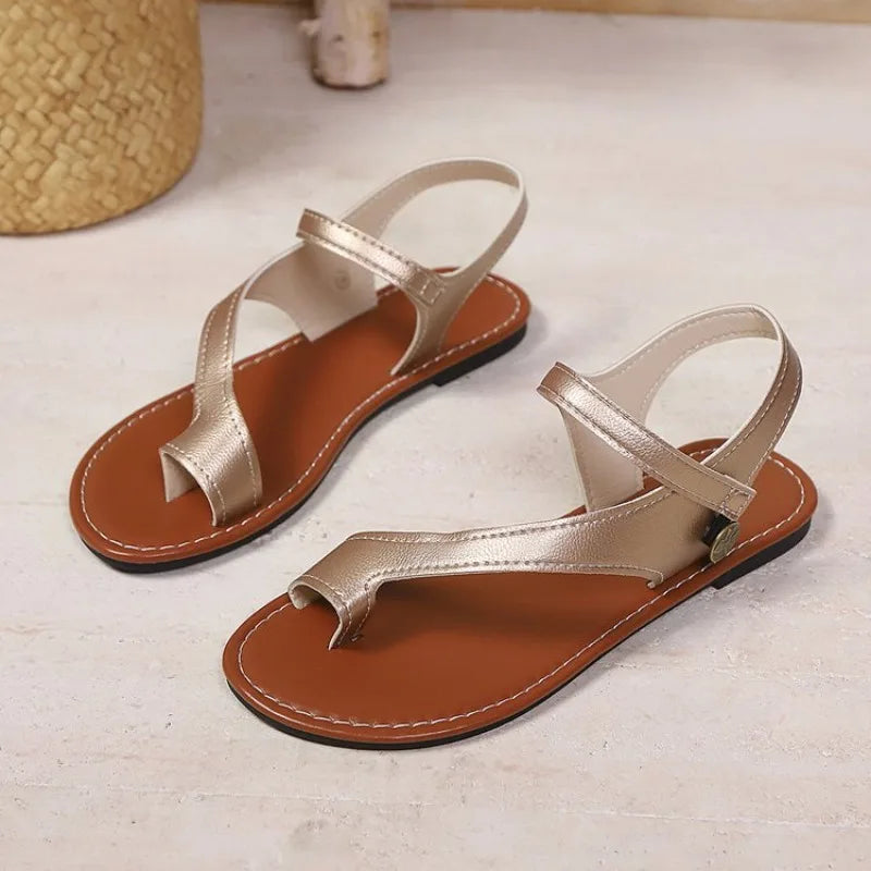 New Women's Summer Fashion Solid Color Low-heeled Roman Sandals Comfortable PU Beach Shoes Women's Luxury Round Toe Flip-flops