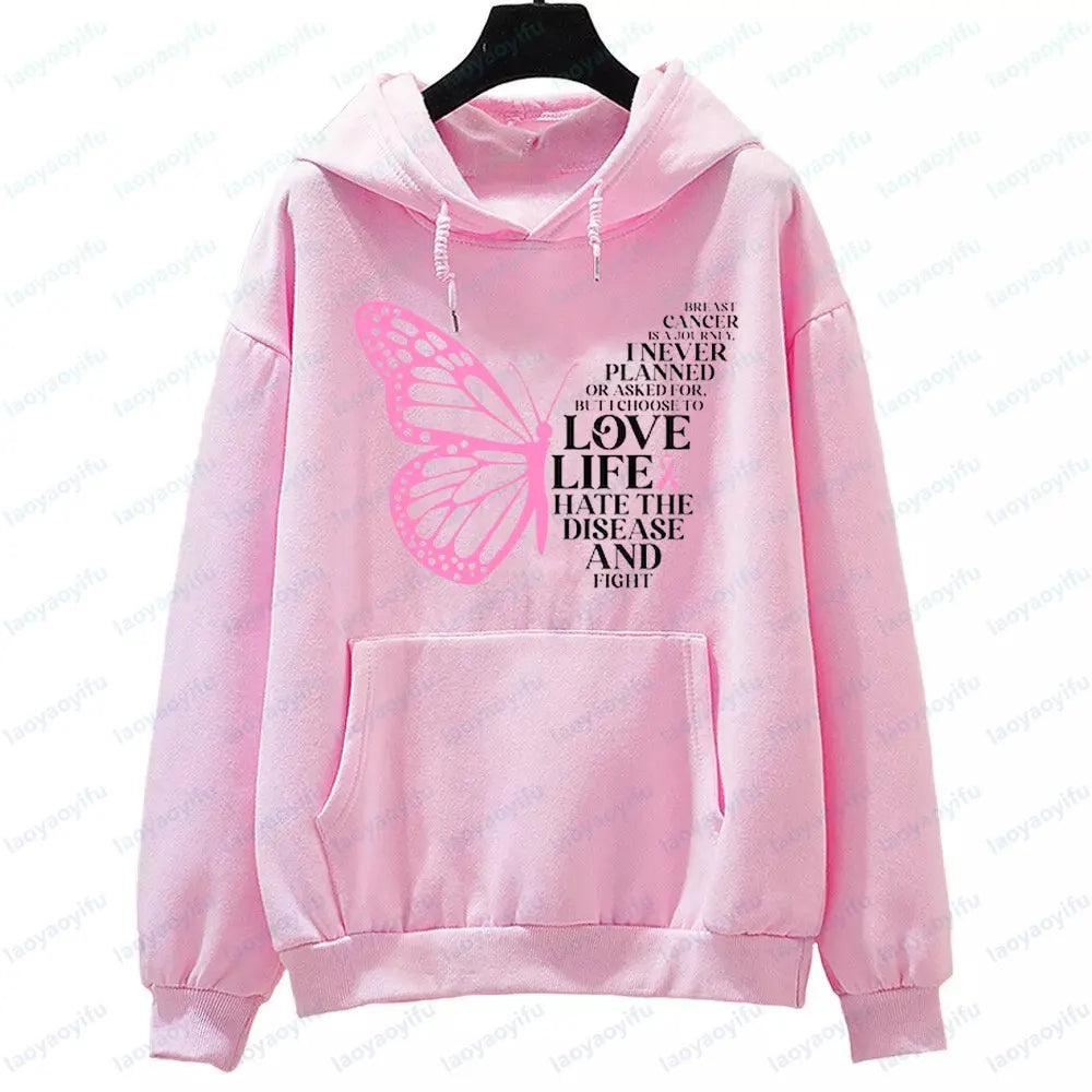 Breast Cancer Is A Journey Breast Cancer Awareness Clothing Butterfly Cancer Sweatshirts Pink Ribbon Hoodies Love Life Women Top