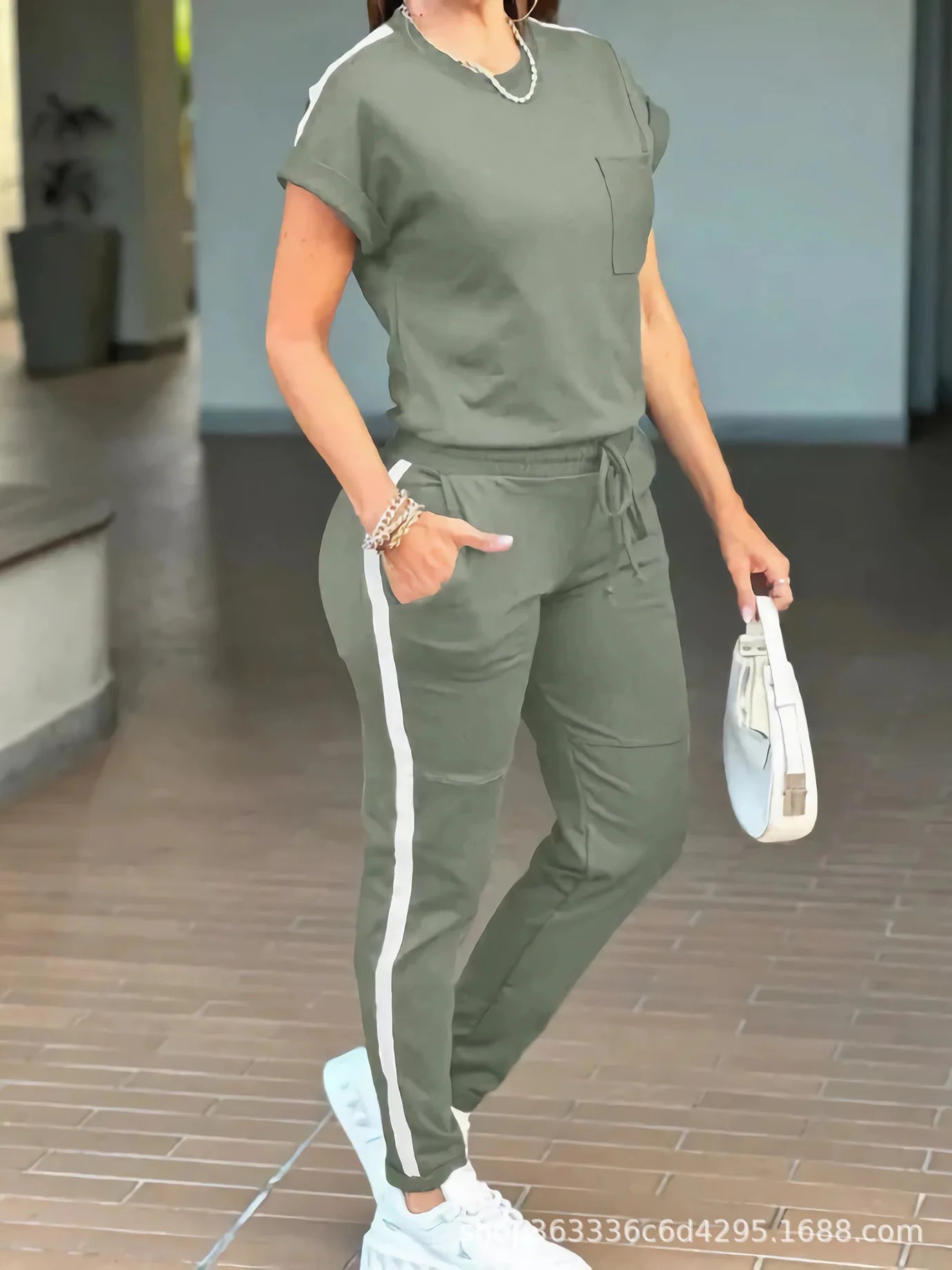 2026 New Spring Summer Fashion Sports Suit Women's Round Neck Short Sleeve Pocket Solid Color Top Sports Trousers Two-piece Suit