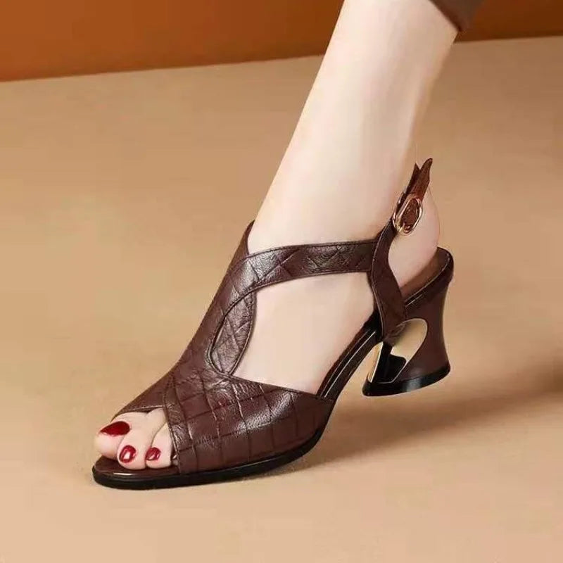 Sandals Women Fish Mouth 2025 Summer New All-match Medium-heeled Thick-heeled Women's Shoes with Soft Bottom and Back Straps