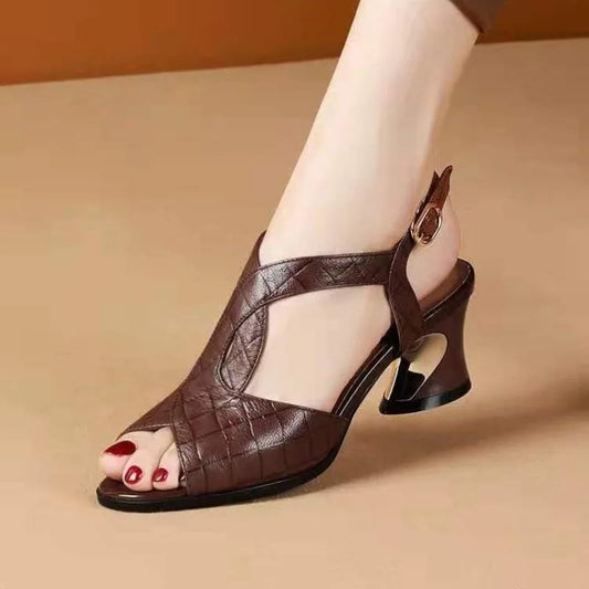 Sandals Women Fish Mouth 2025 Summer New All-match Medium-heeled Thick-heeled Women's Shoes with Soft Bottom and Back Straps