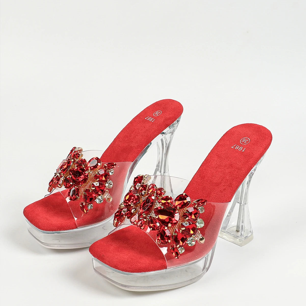 Women Rhinestone Slippers Summer Outside High Heels 2024 New Square Toe Thick Platform Sandals Transparent Shoes Size 43 Mules