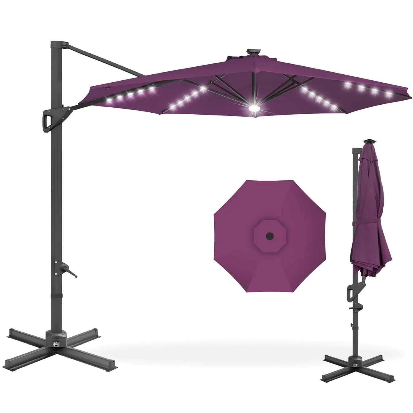 10ft Solar LED Cantilever Patio Umbrella, 360-Degree Rotation Hanging Offset Market Outdoor Sun Shade for Backyard,, Customized