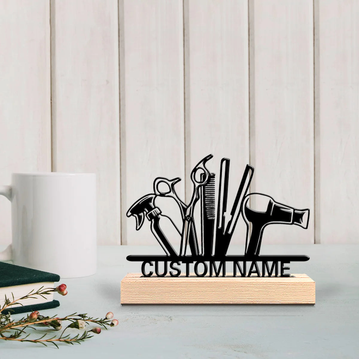 1pc Beauty Personalized Custom Hairstylist Metal Statues Metal Art With Wooden Base  Suitable For Hairdressers Offices Desktop
