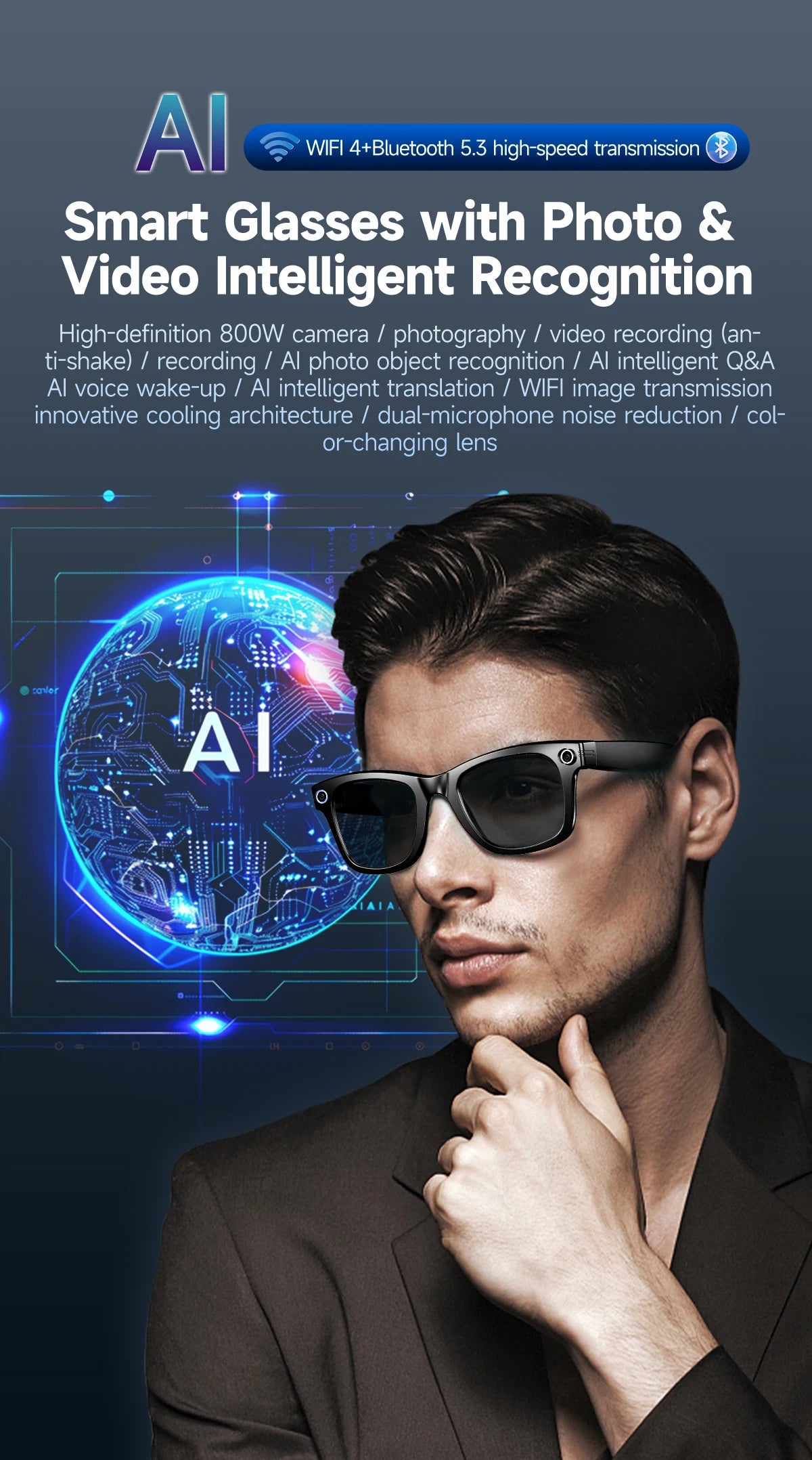 New Upgrade smart glasees With Camera Video Recording AI Photo Recognition Bluetooth Call Translation Voice Sunglasses Man 2026