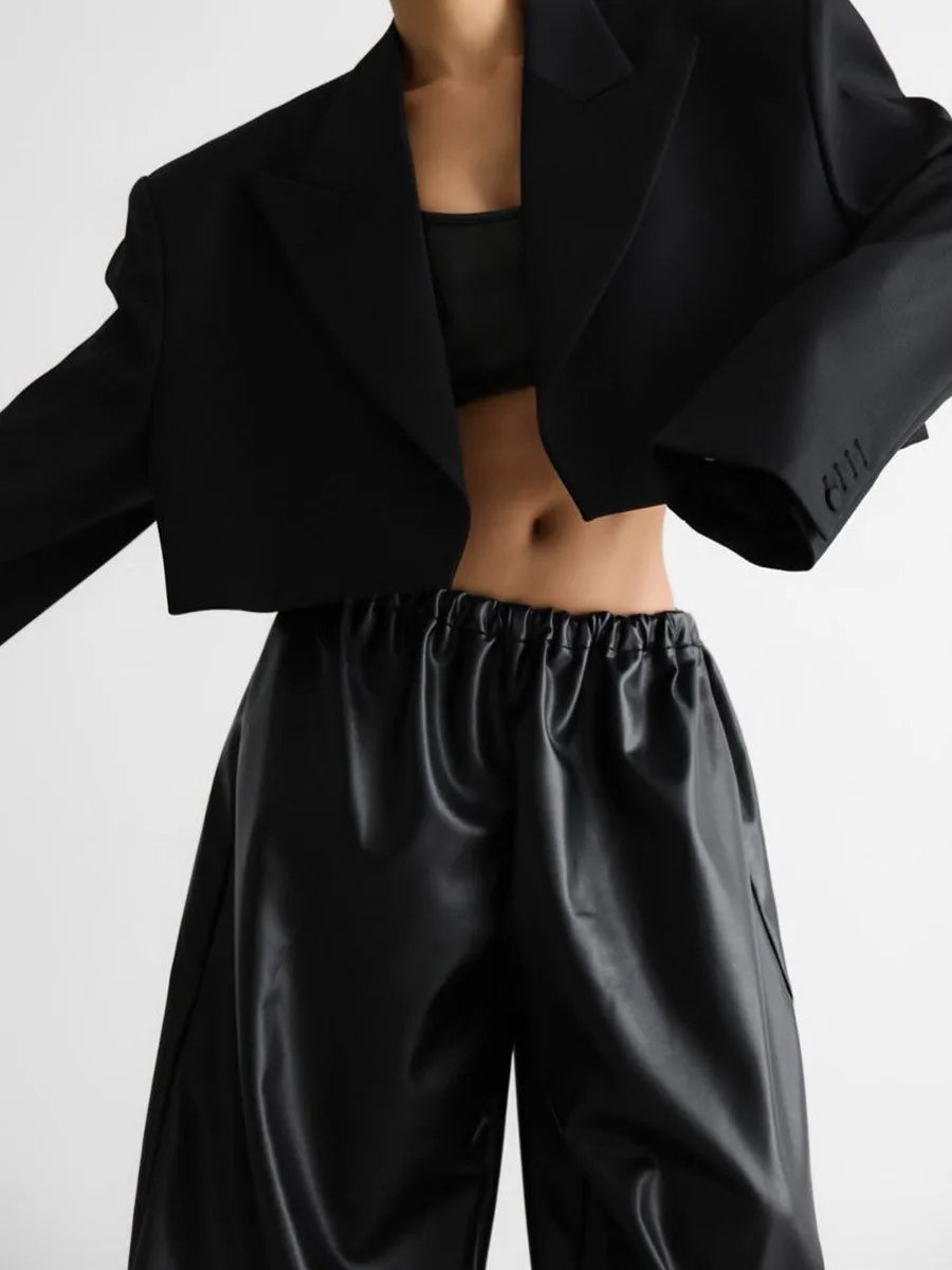Autumn Women Pu Leather Elastic Waistband Lantern Pants Lady Casual Loose Shiny PU Trousers Trend Fashion Street Long Pants 2025