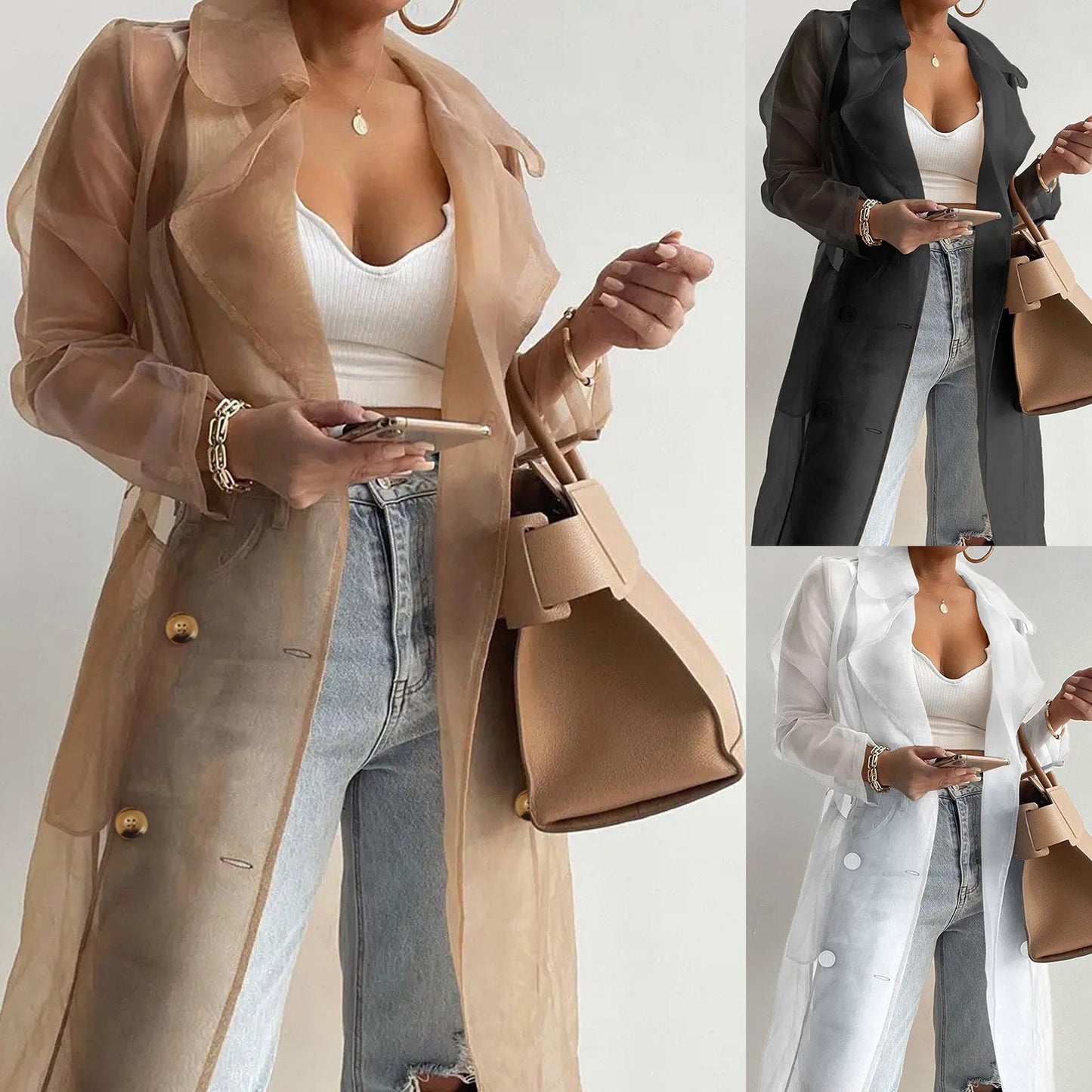 Women Organza See Though Sunscreen Long Sleeve Trench Summer Autumn Fashion Double Breasted Long Coat With Belted Tops Outwear