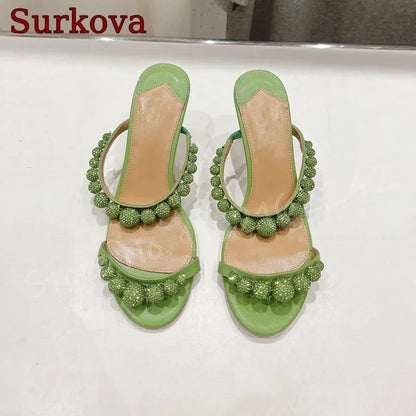 Green Pearl High Heel Slippers Open Toe Round Head Shallow Mouth Slippers Elegant Casual Luxury Dress Women'S Shoes Summer New