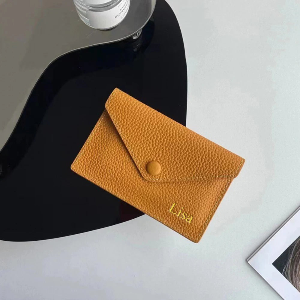 Customized letters, genuine cowhide leather, women's ultra-thin card wallet, women's short envelope, women's wallet