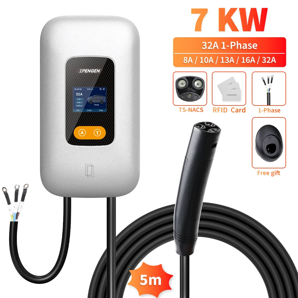 IPENGEN EV Charging Station 32A 7KW TS-NACS Charger Plug for Tesla Car Charger EVSE Wallbox 9.6KW 12KW Fast Charging APP Control
