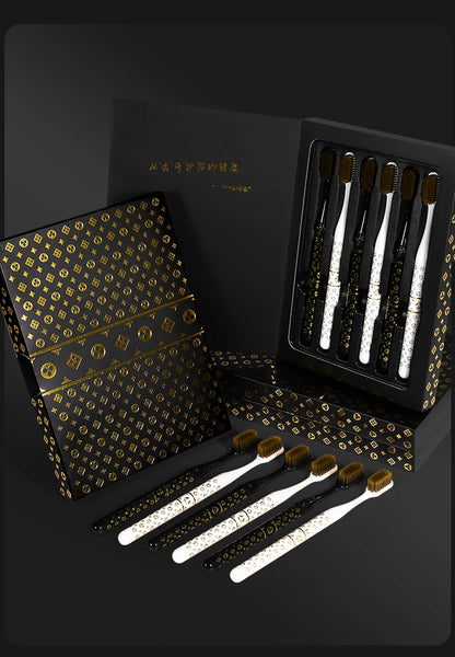 [6-Pcs Gift Boxes] New high-looking black gold printed small head household couple travel soft-bristle toothbrush
