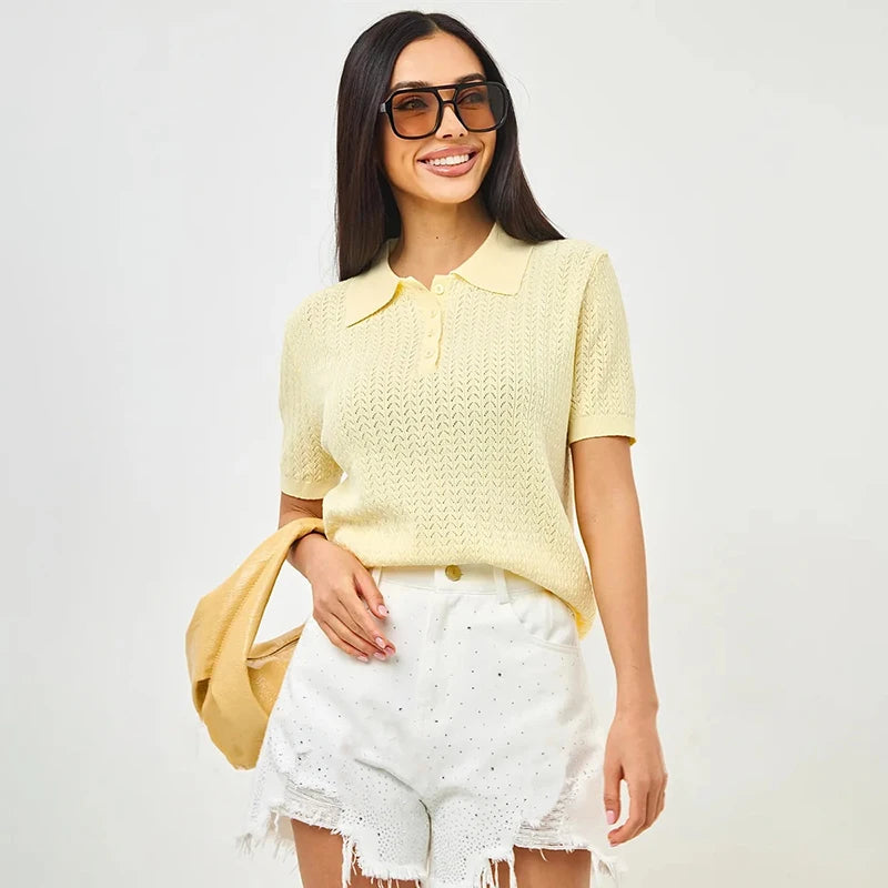 Typhaland Hollow Knitted T shirt Woman 2026 Summer New Short Sleeve Casual Loose Lapel Ins Hot Tops Lady Sweater T shirt Solid
