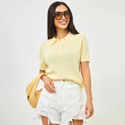 Typhaland Hollow Knitted T shirt Woman 2026 Summer New Short Sleeve Casual Loose Lapel Ins Hot Tops Lady Sweater T shirt Solid