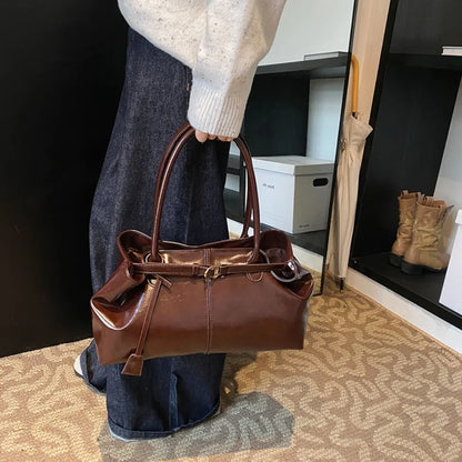 Women's Vintage Glossy Oil Wax Leather Tote Bag Buckle Casual Shoulder Handbag Elegant Work Bag for Daily Commute Top-handle Sac