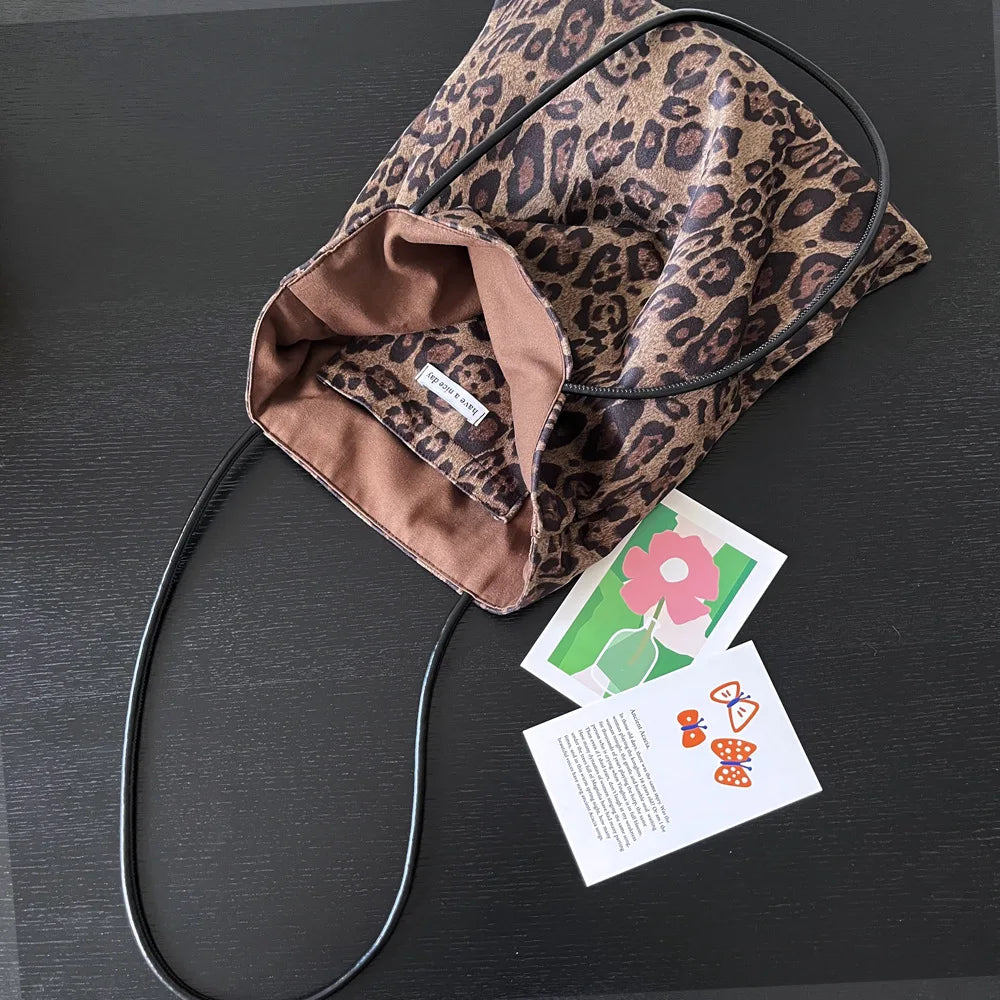 Vintage Faux Suede Women's Leopard Shoulder Bags PU Strap Double Side Female Purse Handbags Fall Winte Canvas Tote Underarm Bag
