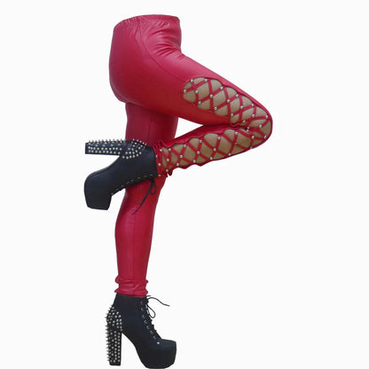 Women PU Leather Skinny Slim Trouser Gothic Punk Leggings Fishnet Trim Lace Pant Faux PU Leather Pencil Pants Club Clothing