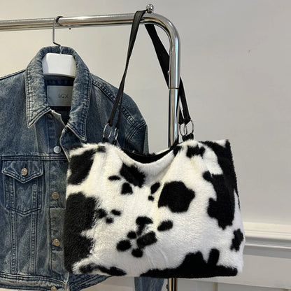 Large Capacity Shopper Bags For Women Winter Travel Tote Bag Cow Printing Plush Shoulder Bag Ladies Handbag Designer Bolsos
