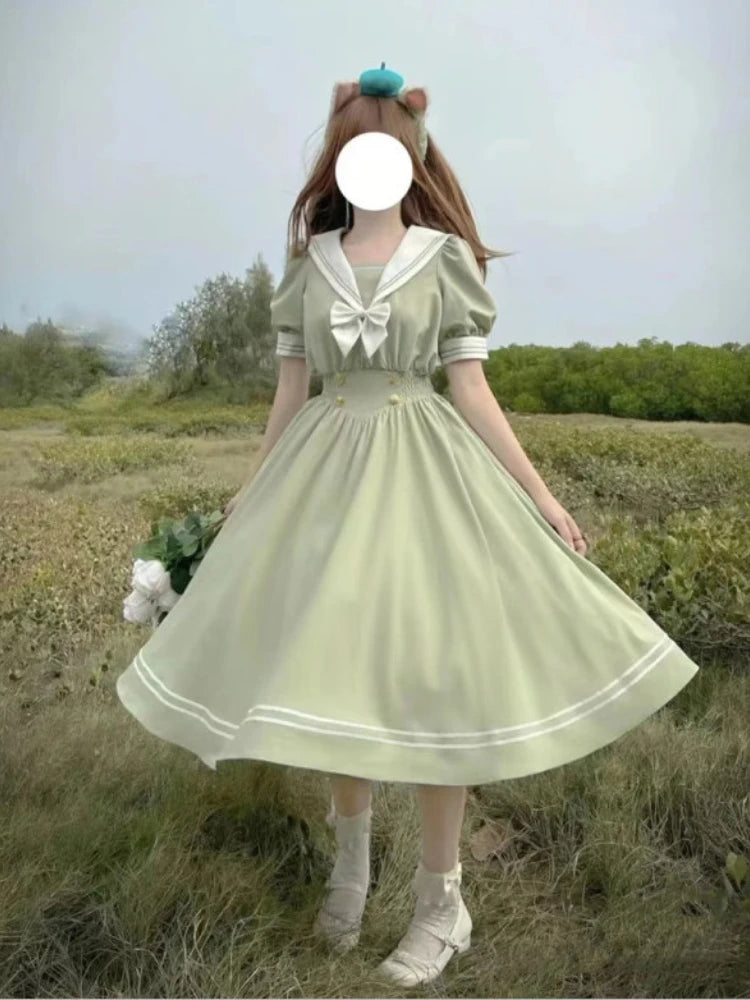 Japanese Soft Sister Cute Lolita Dress Women Sweet Puff Sleeve Slim Student Dresses Party Retro Girls Bow Salior Collar Vestidos