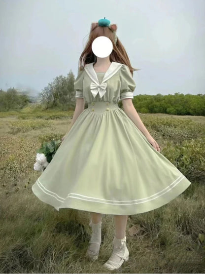 Japanese Soft Sister Cute Lolita Dress Women Sweet Puff Sleeve Slim Student Dresses Party Retro Girls Bow Salior Collar Vestidos