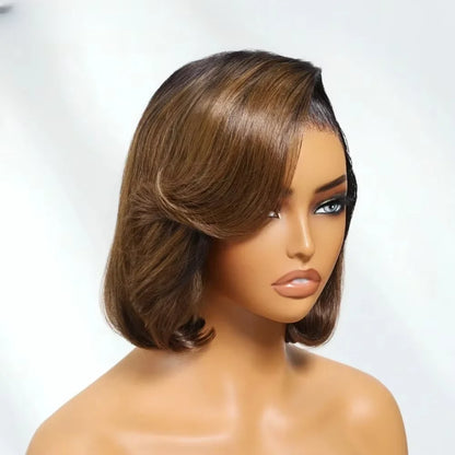 Glueless Bob Soft Preplucked Ombre Brown Lace Front Wig For Women 14Inch 180Density Straight Synthetic With Baby Hair Daily