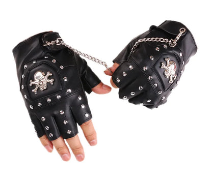 Skull Rivet Gloves Street Dance Men Fashion Punk Couple Chain Gloves Nightclub Women Waterproof PU Leather Half Finger Gloves