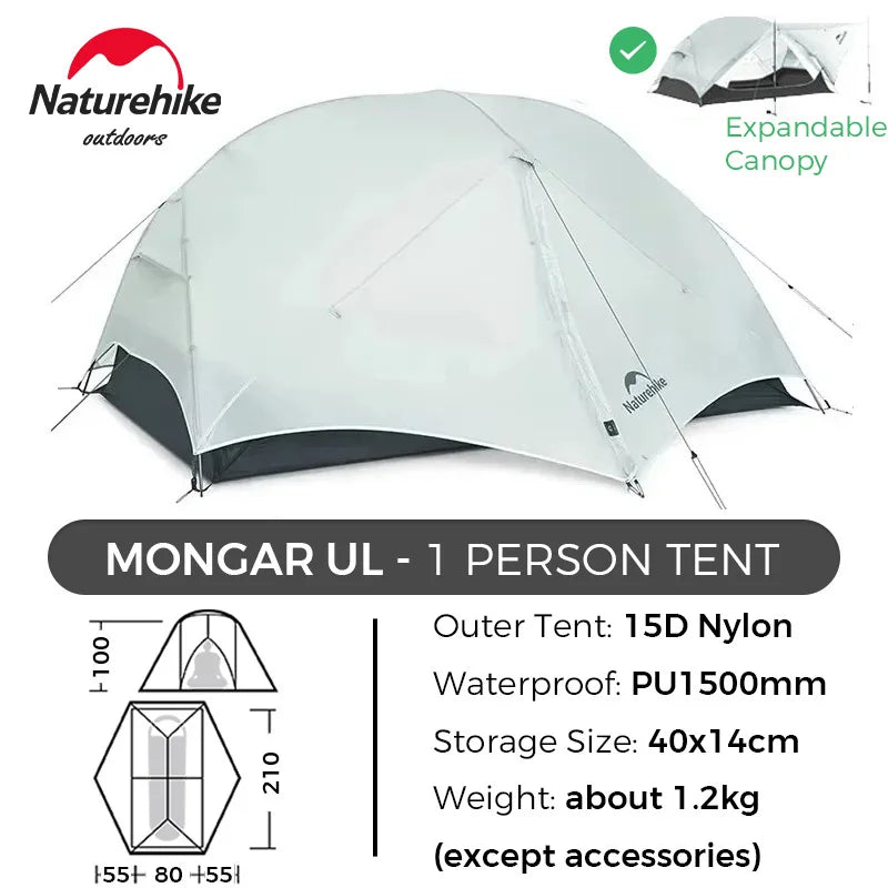 Naturehike Mongar 2 UL/PRO 1-2 Person Backpacking Tent Nylon Waterproof Ultralight Travel Trekking Shelter Tent with Footprint
