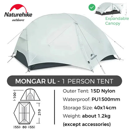 Naturehike Mongar 2 UL/PRO 1-2 Person Backpacking Tent Nylon Waterproof Ultralight Travel Trekking Shelter Tent with Footprint
