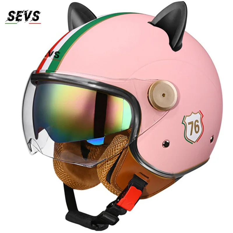 Motorcycle Helmet Retro 3C & DOT Certified Half Face ABS Helmet Dual Visor Hidden Sun Shield Removable Cute Cat Ears
