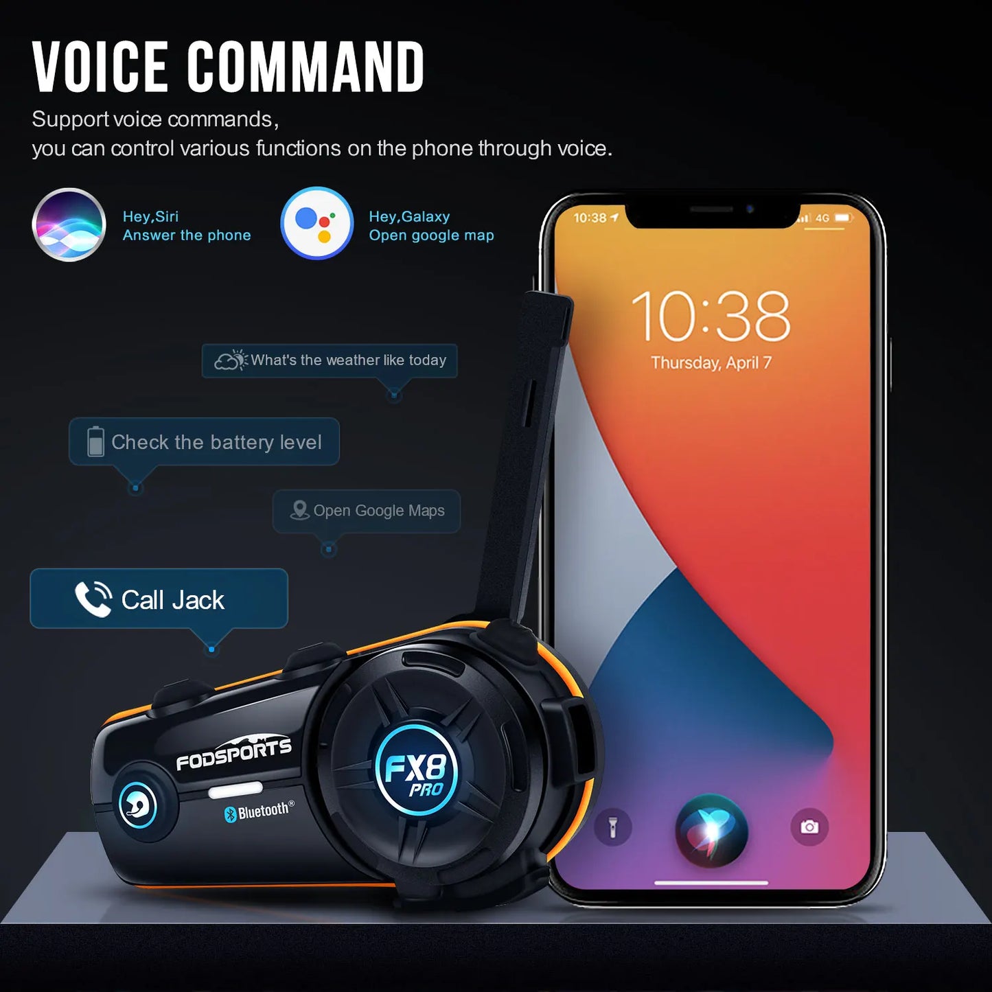 2pcs Fodsports FX8 Pro Motorcycle Helmet Intercom Bluetooth Headset Interphone,10 Riders 2000M,Dual Chip,Support APP.