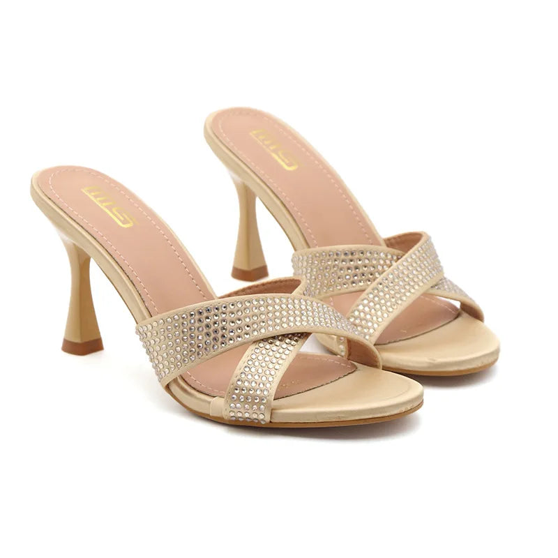 Rhinestone Slippers For Woman 2025 New Elegant Party Shoes Summer Thin High Heeled Slides Fashion Women Sandals Zapatos Mujer