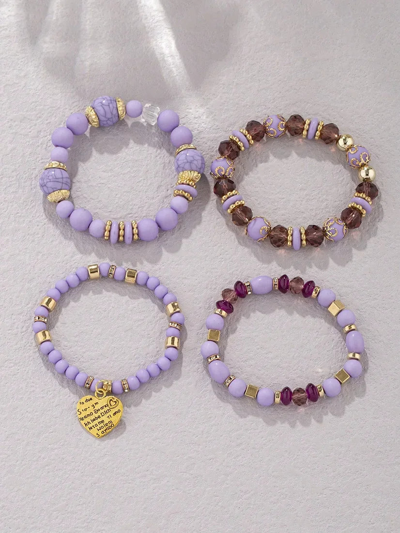 4Pcs Bohemia Acrylic Beaded Bracelet Set For Women Solid Heart Charm Elastic Chain Bangle Men Retro Daily Wear Jewelry Gift