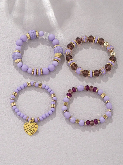 4Pcs Bohemia Acrylic Beaded Bracelet Set For Women Solid Heart Charm Elastic Chain Bangle Men Retro Daily Wear Jewelry Gift