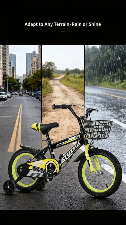 Bright Yellow Sports Style Children's Bicycle - 14 Inch 16 Inch 18 Inch Pedal Bikes for Boys And Girls Aged 3-9 Years Old