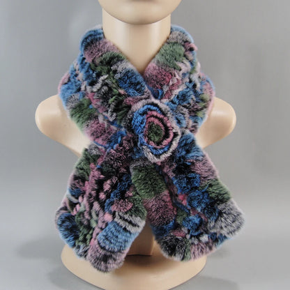Hot Russian Women Knit Real Rex Rabbit Fur Scarf Lady Fashion Floral Rex Rabbit Fur Mufflers Hot Winter Warm Natural Fur Scarves