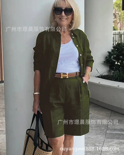 2026 Elegant 2-Piece Sets For Women Womens Cardigan Shirt Top Summer Solid Color Casual Shorts Two Piece New In Matching Sets