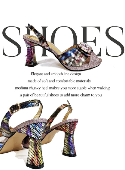 Queena Yan Nigerian-Inspired Rhinestone High Heels With Colourful Bucket Bag Fashionable Womens Footwear And Accessories Set