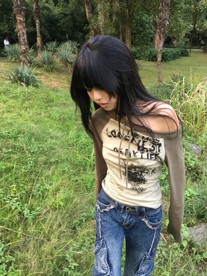 Karrram Japanese Y2k Off Shoulder T-shirt Grunge Aesthetics Graffiti Print Long Sleeve Tee Shirt Vintage Harajuku Streetwear 90s